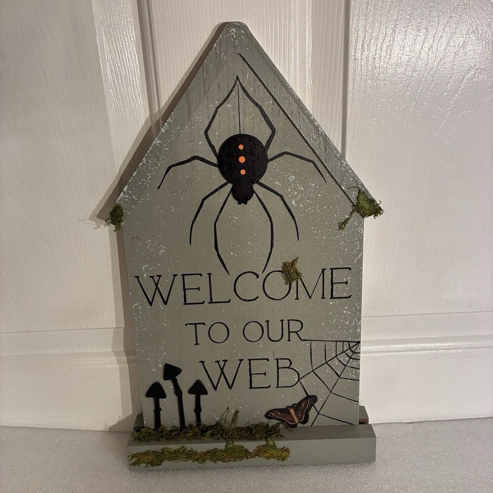 Wooden Halloween House Shape Sign Saying WELCOME TO OUR WEB w/ Moss & Spider.